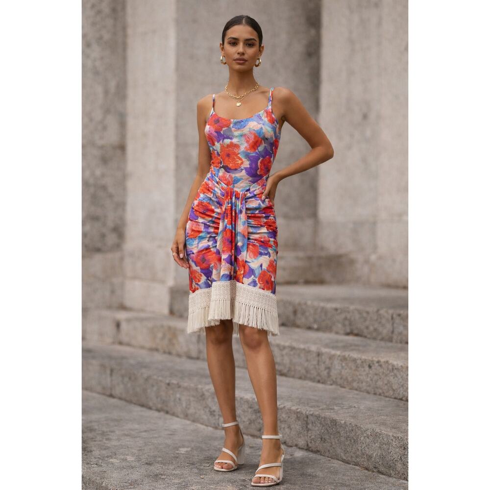 PATBO Red Violet Stretch Jersey Midi Fringe Dress Women's Small